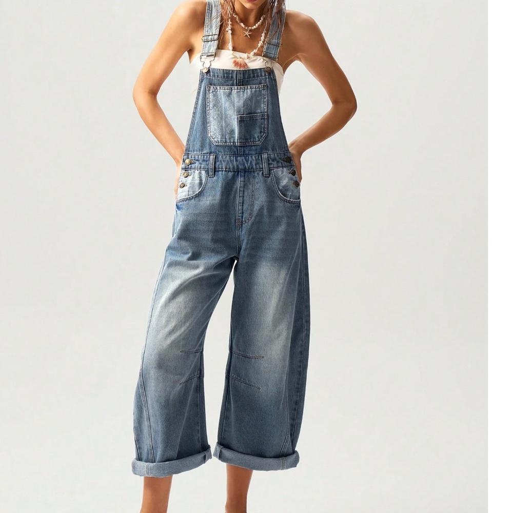 Boho Medium Wash Paisley print Button Wide Leg Denim Bib Overalls - Picture 1 of 7